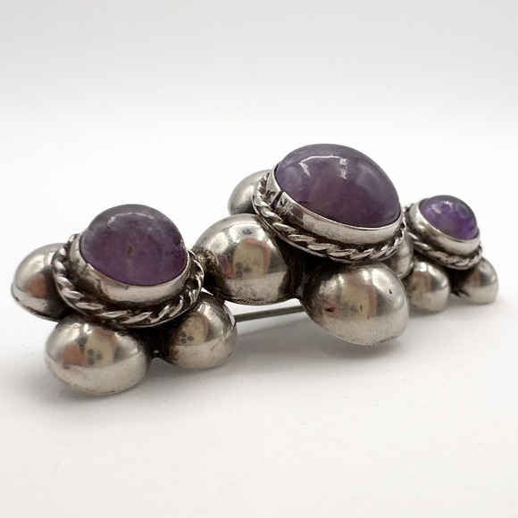 Early Vintage Mexican Sterling Silver Triple Amethyst Brooch Marked MR Mexico - Picture 12 of 12
